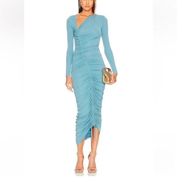 NWT Michael Costello x REVOLVE Kylee Midi Dress in Dusty Blue ruched midi XS - Picture 1 of 10